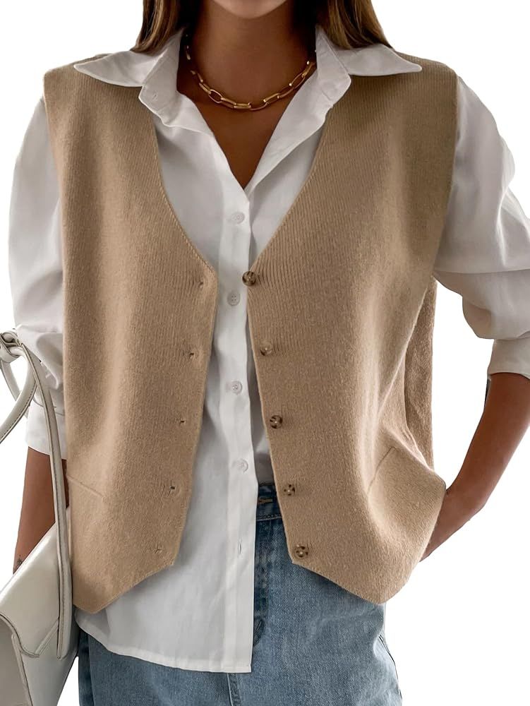 Verdusa Women's Sleeveless V Neck Button Up Knit Sweater Vest | Amazon (US)