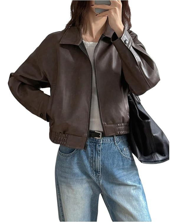 Milumia Women's Faux Leather Zip Up Jacket Vintage Collared Long Sleeve Motorcycle Jackets | Amazon (US)