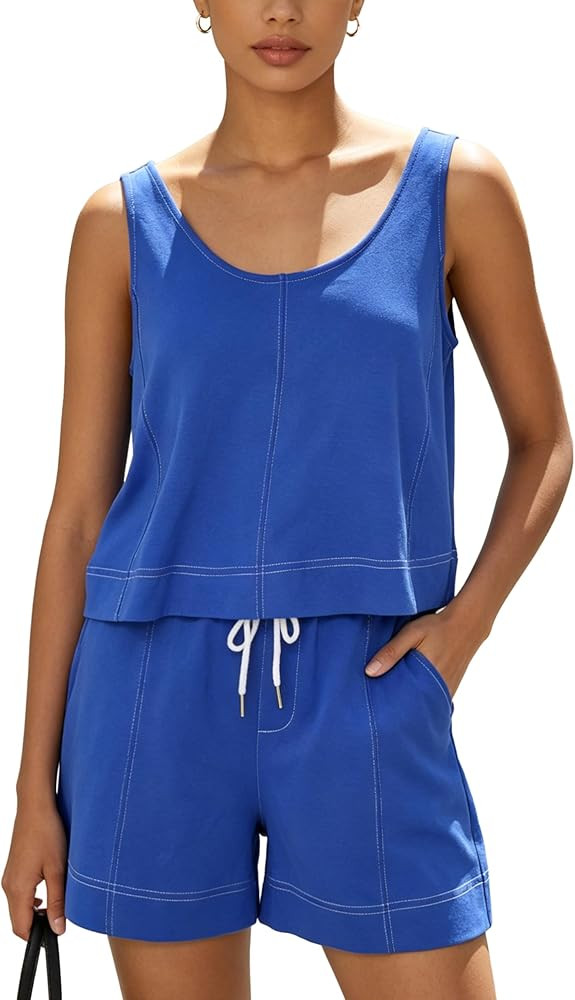 LTSCNRM Women's 2 Piece Short Sets Casual Summer Vacation Travel Outfits U Neck Tank Top & Drawst... | Amazon (US)