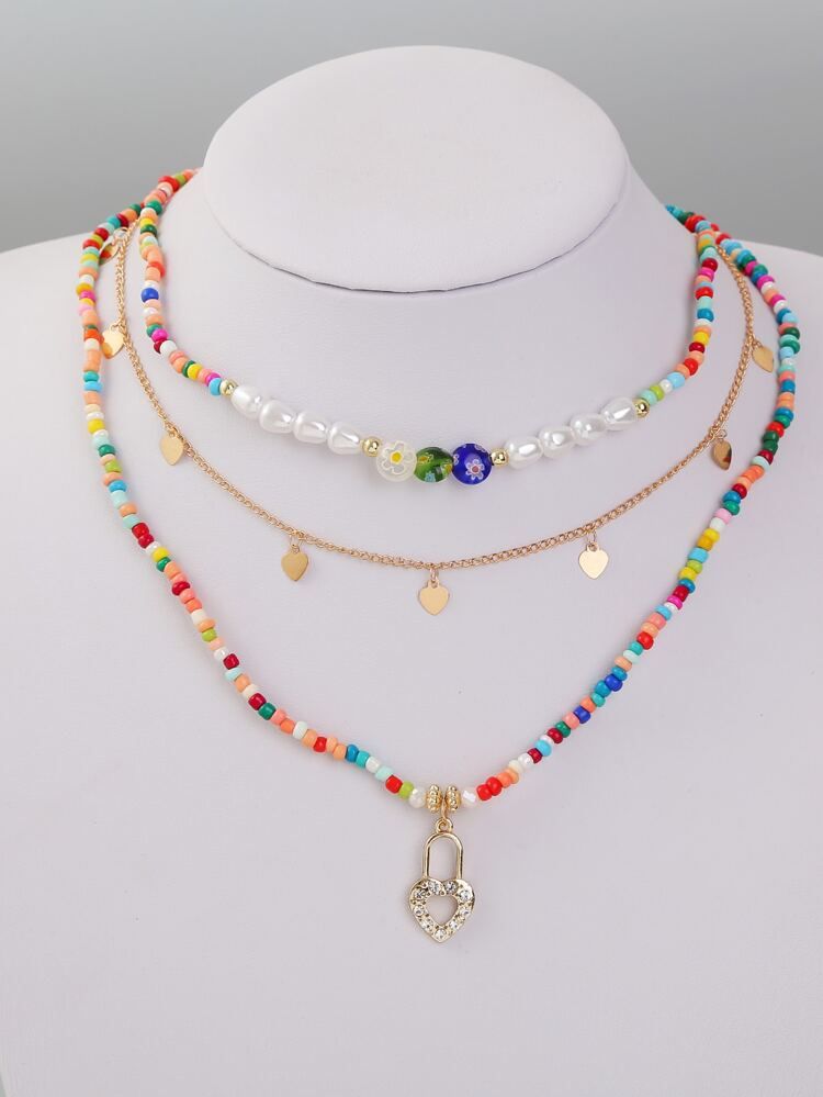 3pcs Color Block Beaded Heart Charm Necklace | SHEIN