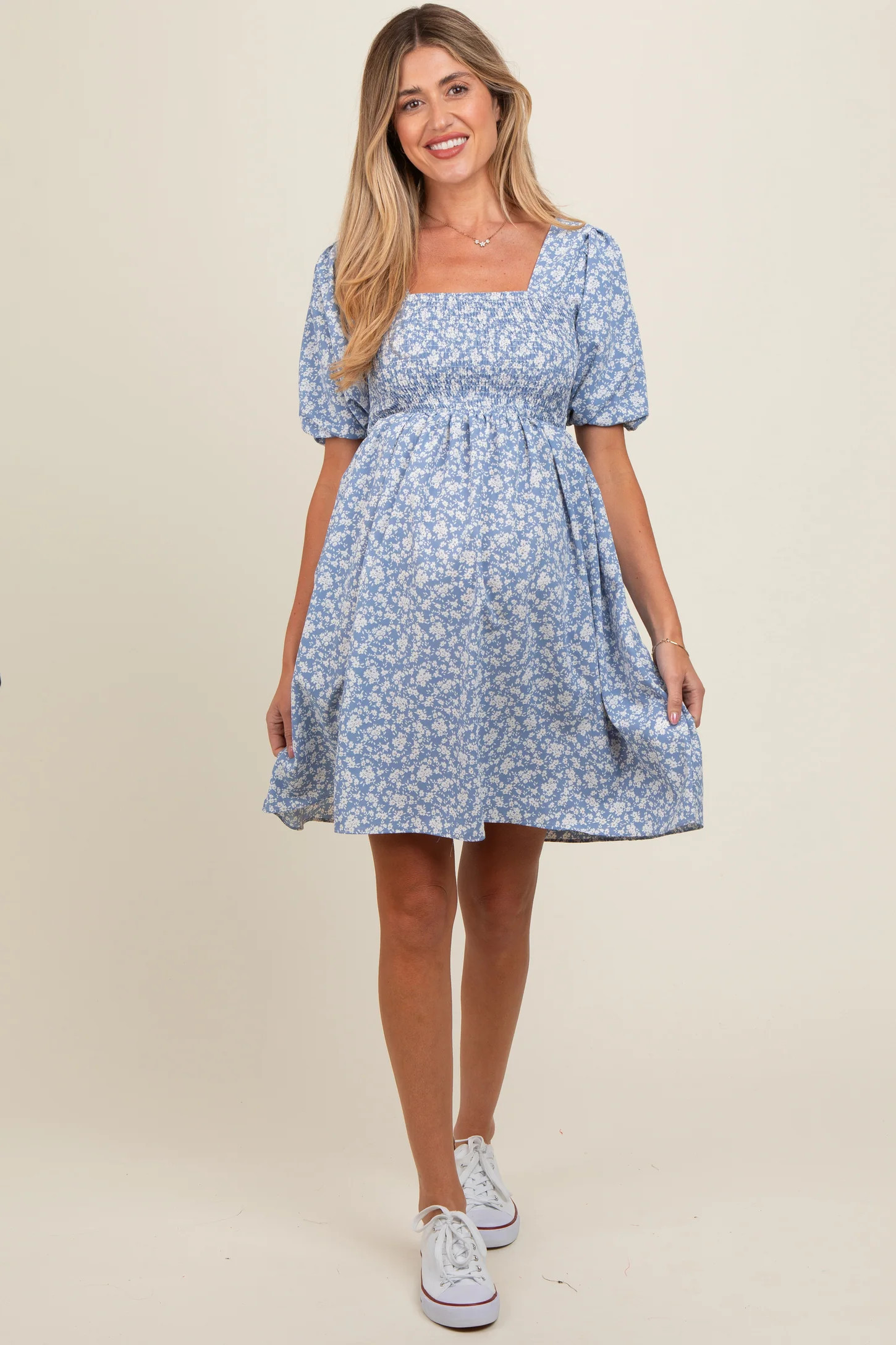 Light Blue Floral Smocked Tie Back Maternity Dress | PinkBlush Maternity