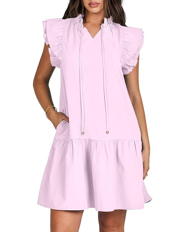 ANRABESS Womens Summer V-Neck Drawstring Ruffle Cap Short Sleeve Casual Shift Mini Dress with Poc... | Amazon (US)