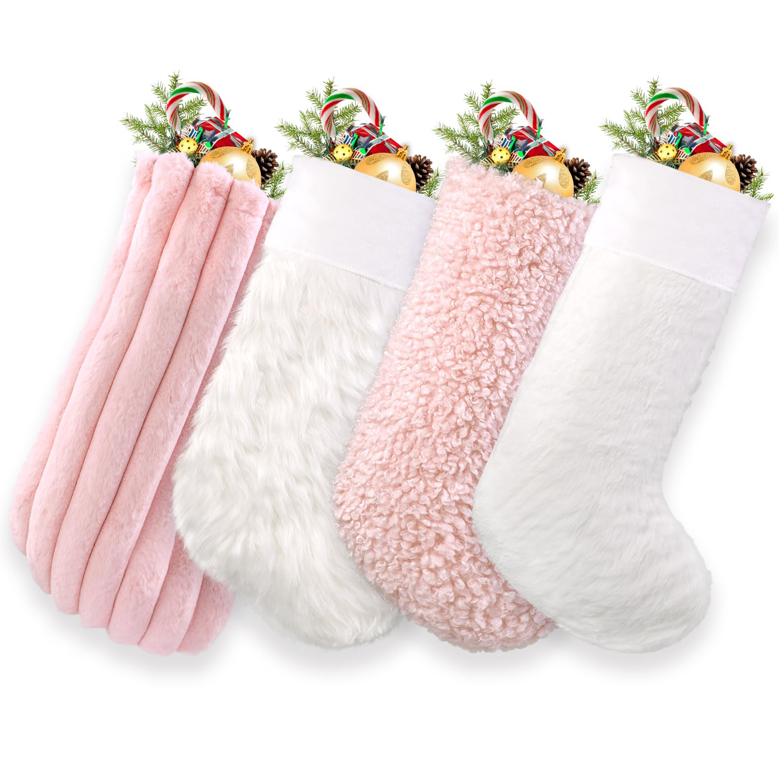 4 Pack Christmas Stockings, 18 in Pink White Faux Fur Large Plush Xmas Hanging Stockings Decorati... | Amazon (UK)