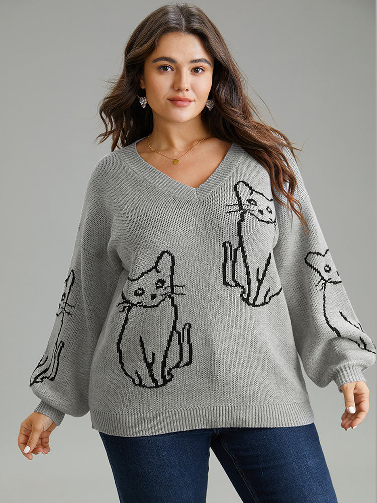 Supersoft Essentials Cat Print V Neck Pullover | Bloomchic