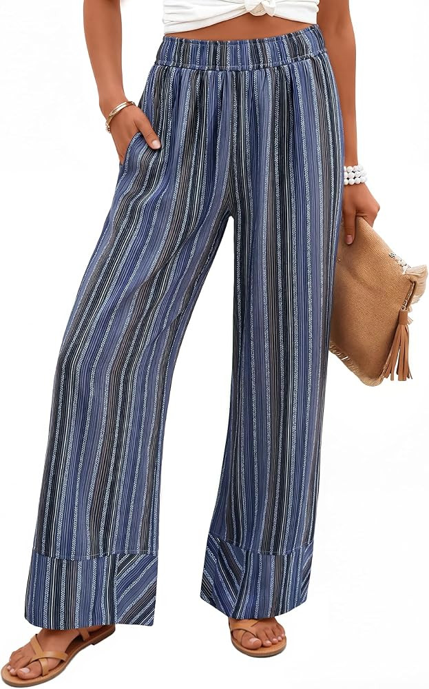 ZESICA Women's 2026 Summer Striped Wide Leg Palazzo Pants with Pockets | Amazon (US)
