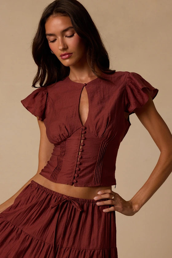 Owens Rust Brown Keyhole Button-Front Top | Lulus