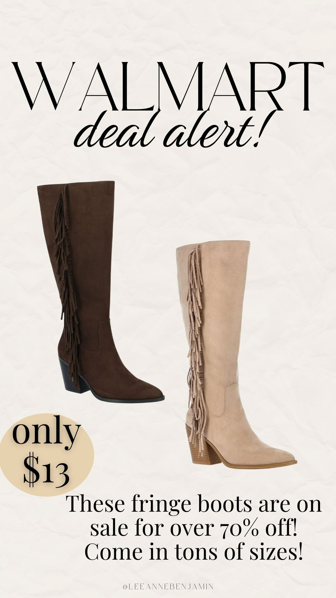 These fringe heel boots are only $13 at Walmart!  

 #LTKSeasonal #LTKSaleAlert #LTKFindsUnder50
