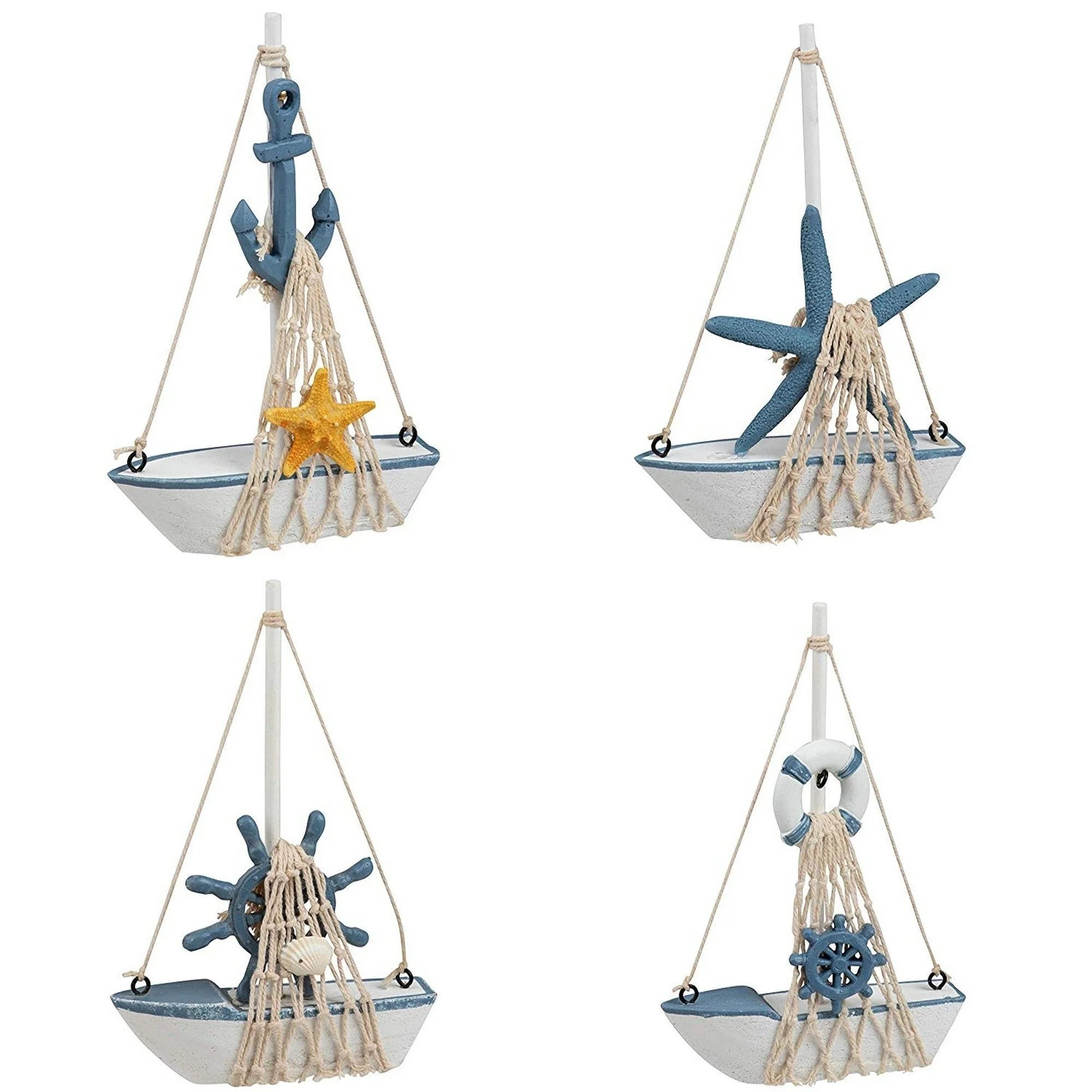 Set of 4 Mini Wooden Sailboat Models for Beach Nautical Home Decor, Miniature Boat Decorations | Walmart (US)