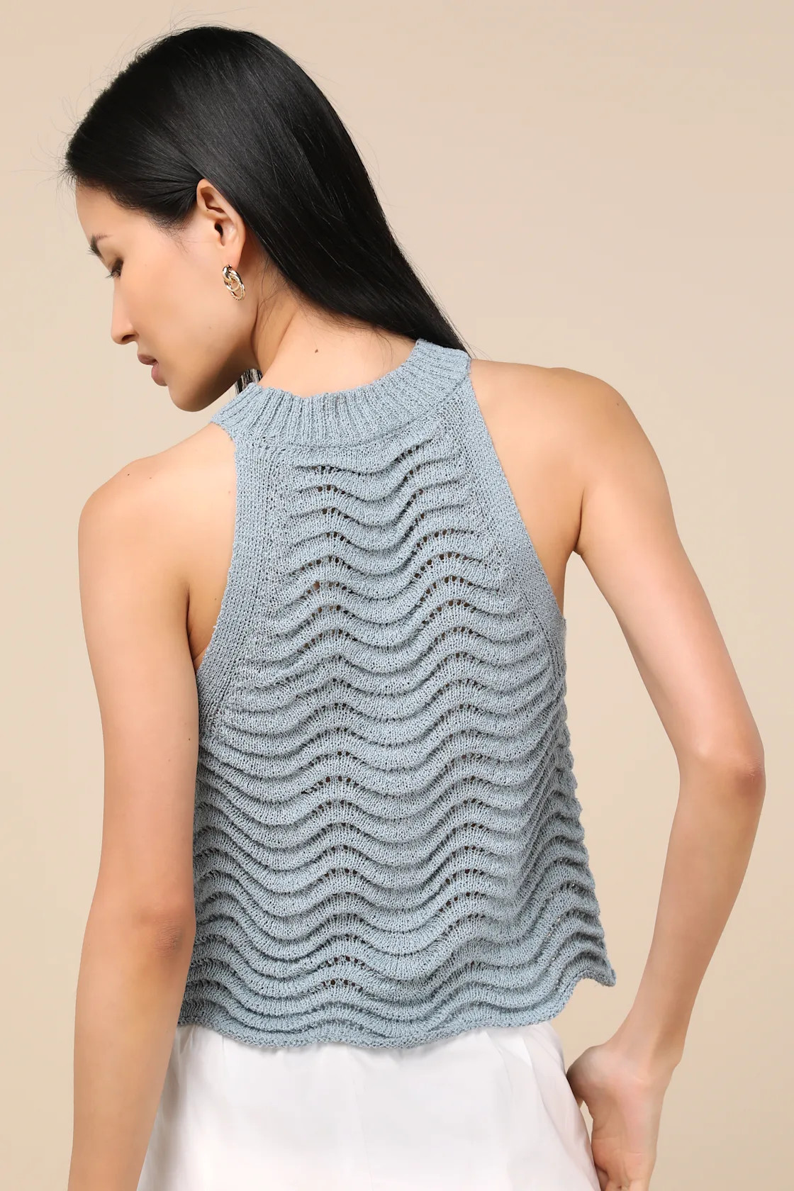 Calee Slate Blue Pierced Knit Sleeveless Sweater Top | Lulus
