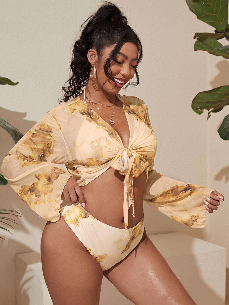 3pack Plus Marble Print Bikini Swimsuit With Cover Up | SHEIN