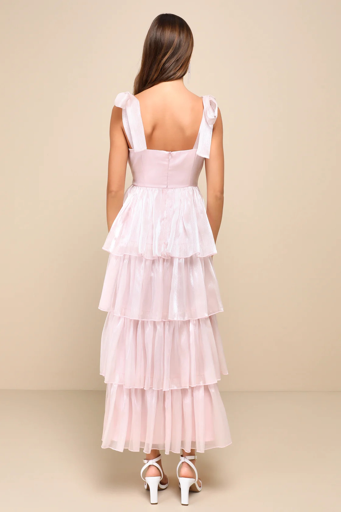 Radiant Arrival Shiny Pink Organza Tiered Tie-Strap Maxi Dress | Lulus