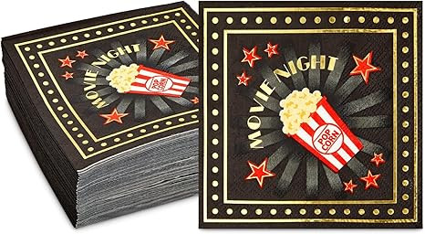 BLUE PANDA Movie Night Napkins - 50 Pack, 3-Ply, 5 x 5 In, Black - Popcorn & Cocktail Paper Napki... | Amazon (US)