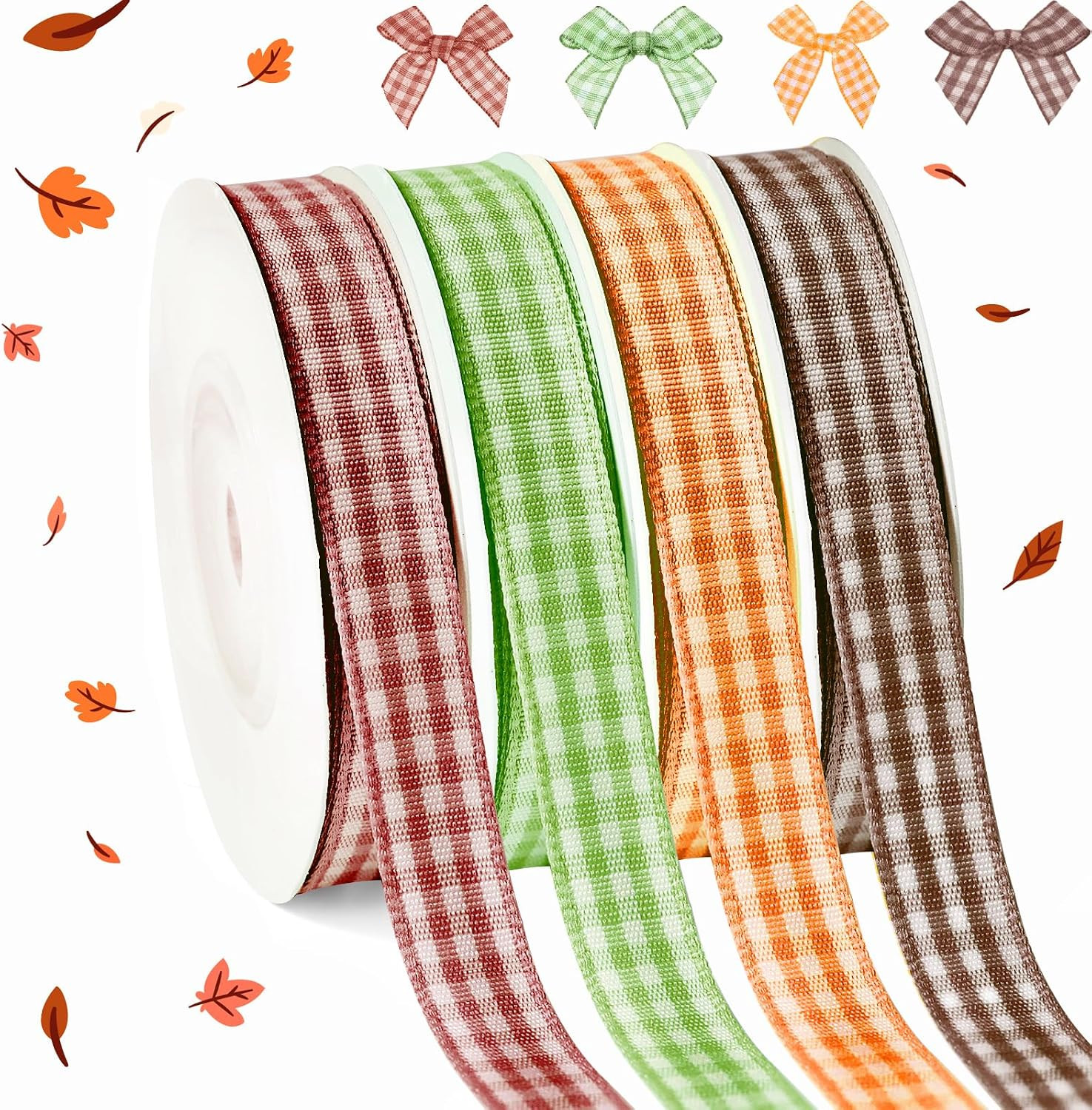 4 Rolls Fall Gingham Ribbon, Thanksgiving Day Buffalo Plaid Ribbon Thin Checked Ribbons for Gift Wrapping DIY Craft Picnic Home Party Decor, Brown/Burgundy/Green/Orange, 10 Yds x 3/8 In, Total 120 Fts | Amazon (US)