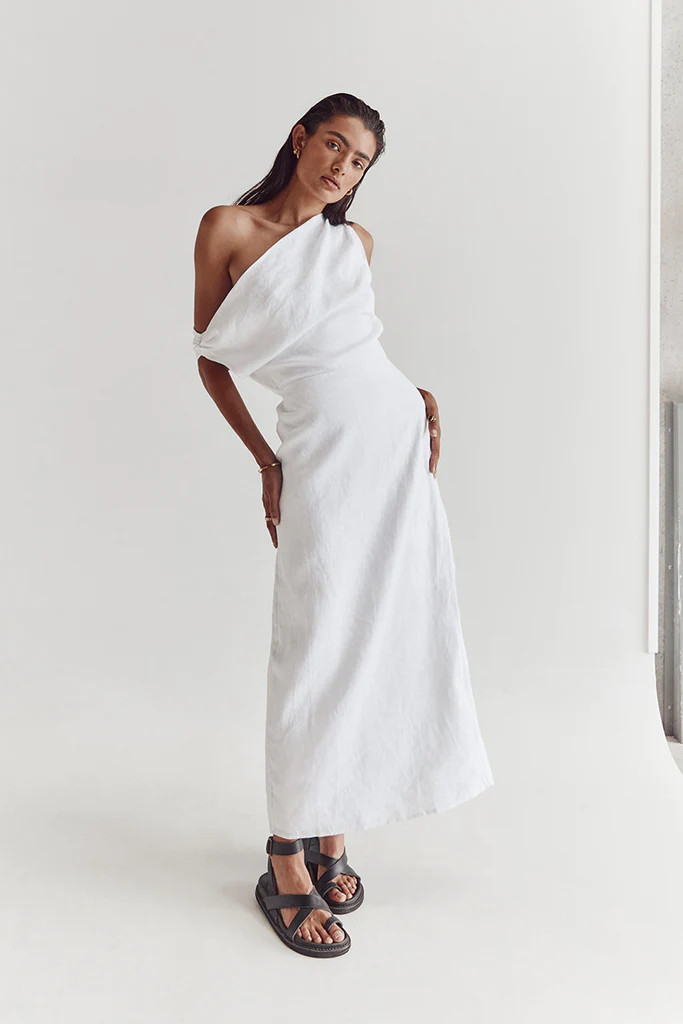 CASS WHITE LINEN ASYM MIDI DRESS | DISSH
