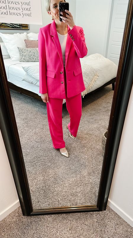 The perfect pink business woman suit!! This pink blazer and trousers are so good! 

#LTKunder100 #LTKfit #LTKstyletip