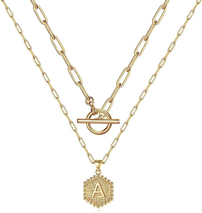 M MOOHAM Gold Initial Necklaces for Women, 14K Gold Plated Layered Initial Necklace Hexagon Penda... | Amazon (US)