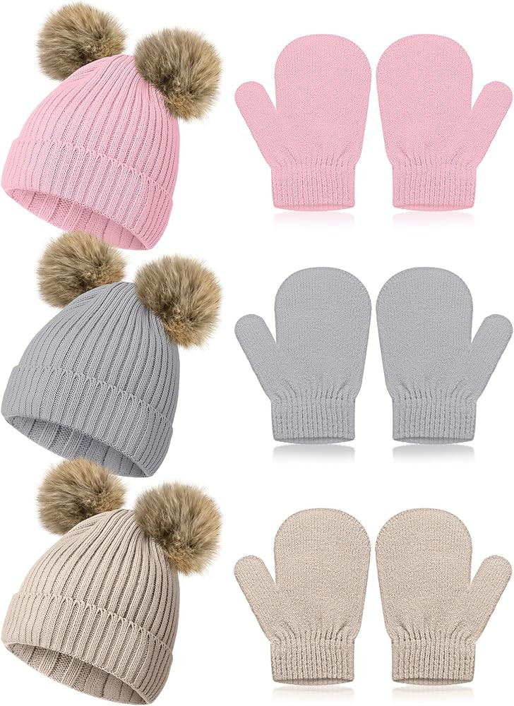 SATINIOR 3 Set Toddler Hat Glove Set, Kids Winter Hats Warm Knitted Beanie Mittens Gloves with Bo... | Amazon (US)