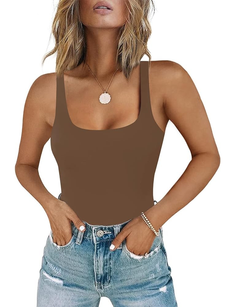 Chunpin Women's Sleeveless Square Neck Tank Bodysuit Outfits Tops Thong Body Suits for Going Out | Amazon (US)