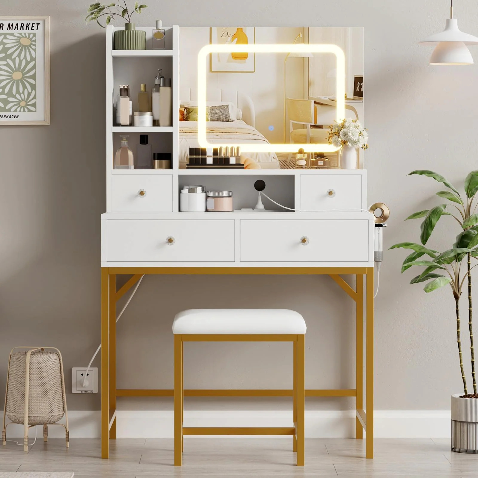 Garvee Makeup Vanity Desk with Mirror Charging Station LED Lights 4 Drawers 2 Open Shelves and Stool for Bedroom or Makeup Studio one_size in White | Lowe's