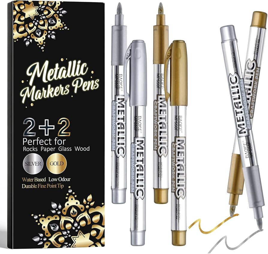 Prudiut 4 Pack Metallic Marker Pens, Gold & Silver, Fine Tip, Water-Based | Amazon (US)