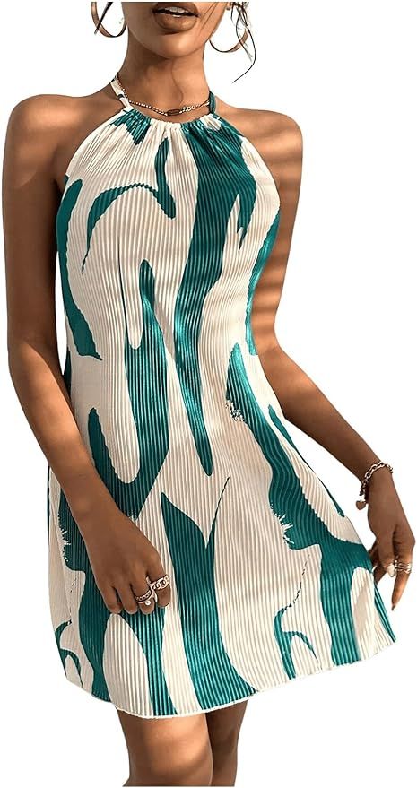 MakeMeChic Women's Halter Dress Graphic Print Tie Back Pleated Sleeveless Backless Short Dress | Amazon (US)