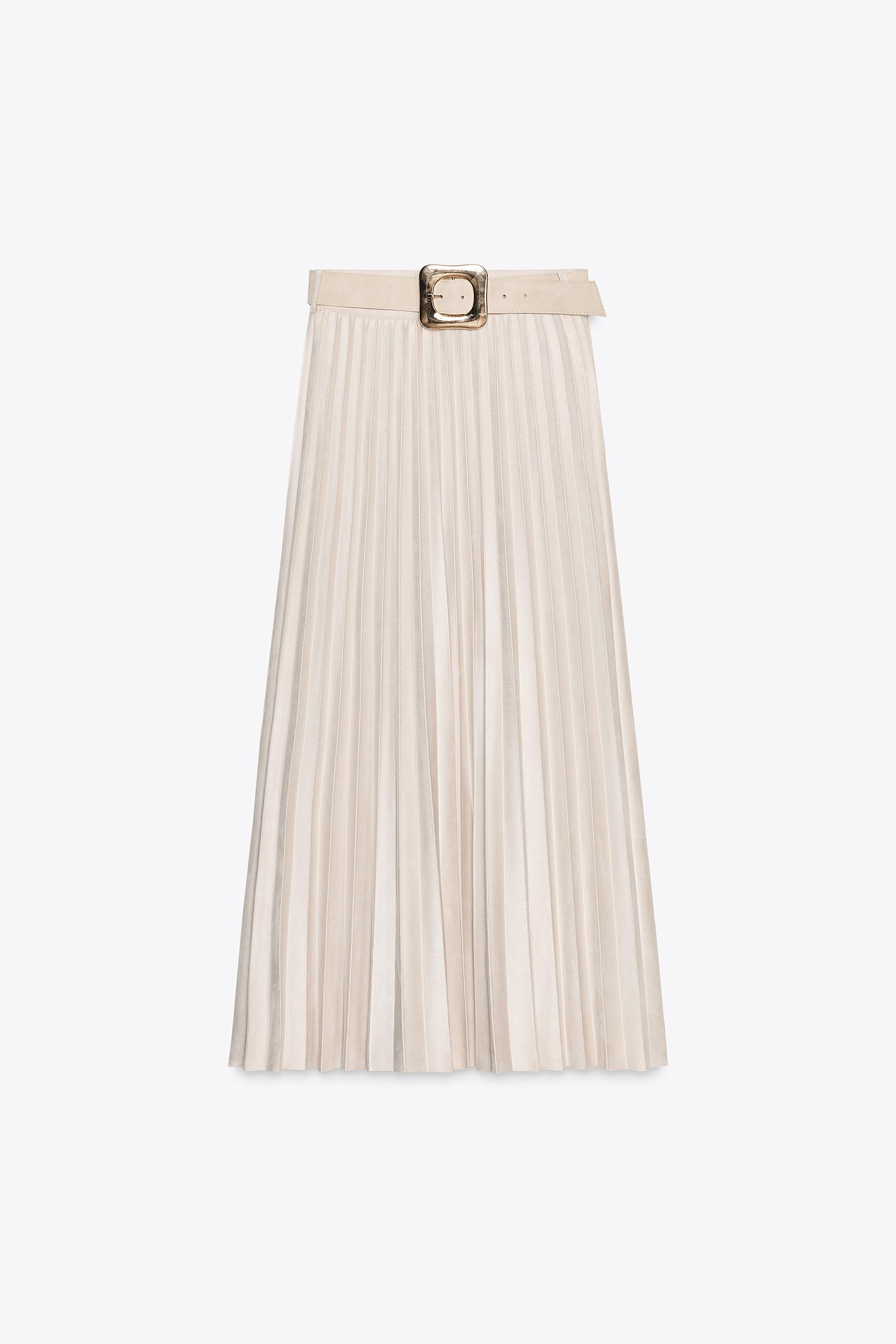 BELTED FAUX SUEDE EFFECT PLEATED MIDI SKIRT | Zara US