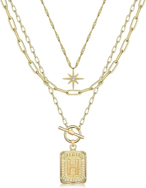 MJartoria Layered Initial Necklaces for Women Trendy, 14K Gold Plated Simple Star Choker Square L... | Amazon (US)