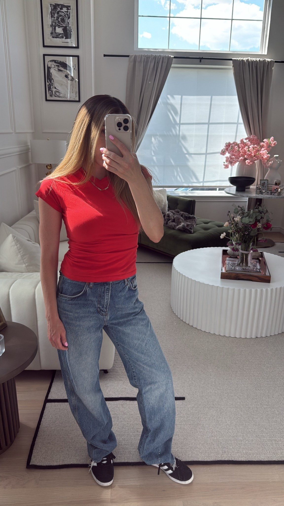 Mom fit ✔️ 
Most comfortable jeans 👖 
Top in color red by Skims
Reformation baggy Jeans