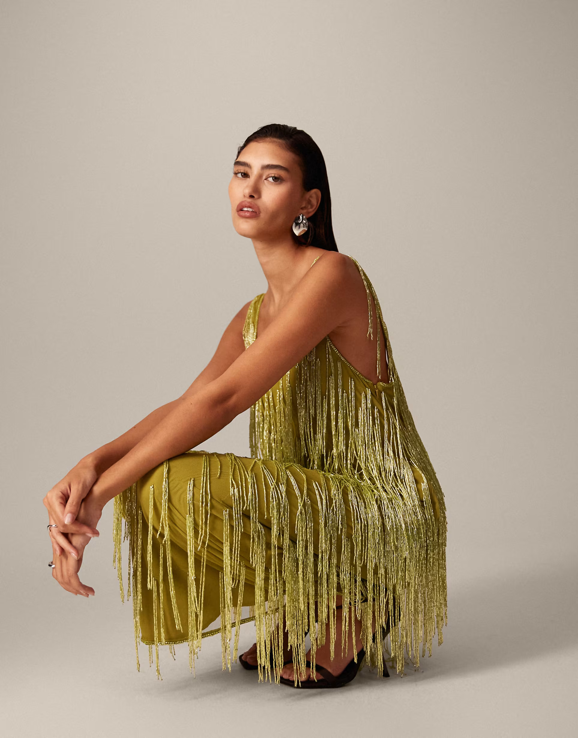 ARRANGE beaded fringe scoop neck midi dress in olive | ASOS (Global)