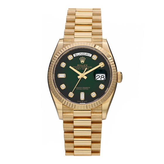 18K Yellow Gold Diamond 36mm Oyster Perpetual Day-Date President Watch Green Ombre 128238 | FASHIONPHILE (US)
