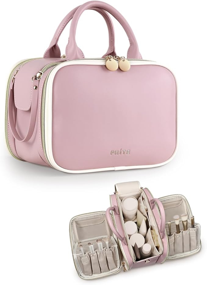 Prite Makeup Bag for Women, Large Capacity Waterproof Travel Cosmetic Organizer, Portable Open Fl... | Amazon (US)