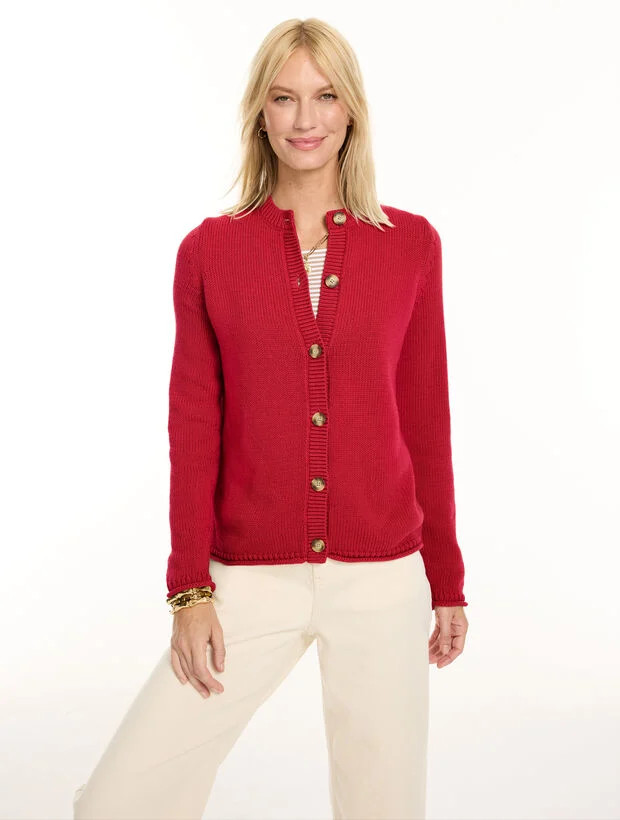 Plus Size - Roll Edge Cardigan Sweater - Red - 2X - 100% Cotton Talbots | Talbots