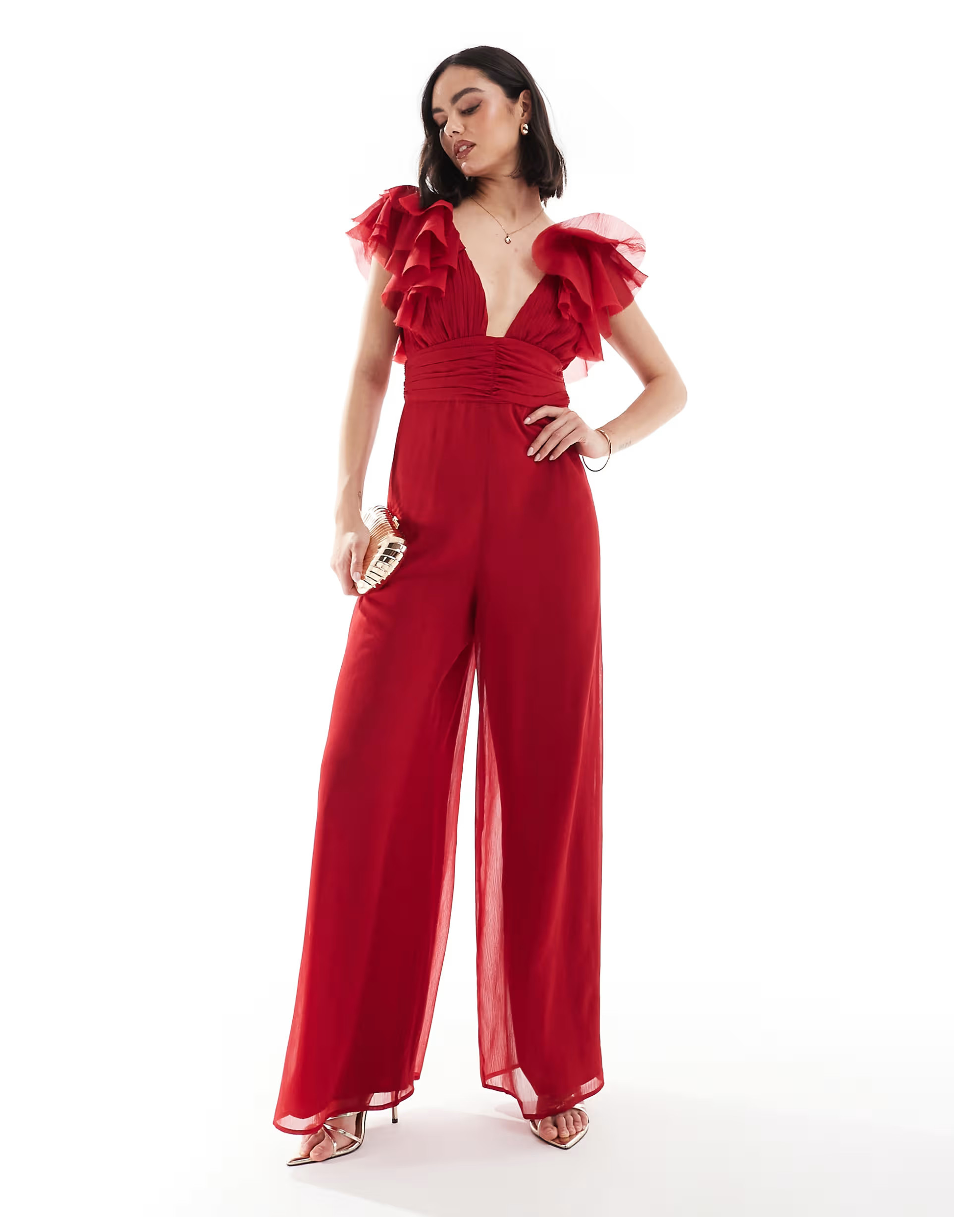 ASOS DESIGN ruffle sleeve cross back wide leg jumpsuit in red | ASOS (Global)