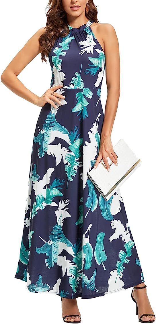 STYLEWORD Women's 2023 Summer Maxi Hawaiian Beach Halter Neck Formal Long Spring Wedding Guest Dr... | Amazon (US)