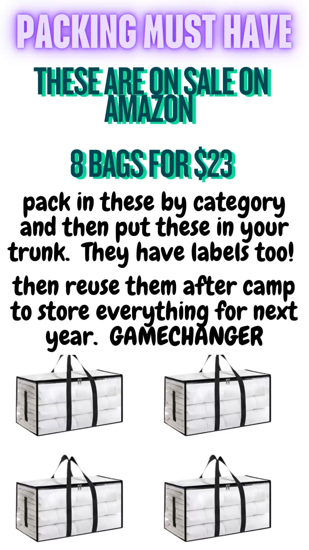 These Amazon moving bags are a packing gamechanger.  Right now they are on sale 8 for $23.  I have never seen them that cheap!  

You can pack your kids stuff separately by category and then put them right into the trunk. 

They also help you stay organized while you are packing. 

And then after camp I use them to store all of her stuff for next year. 

Bonus is that they are CLEAR so you can actually see what you put in them. 