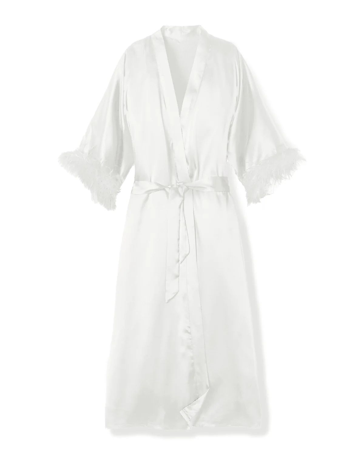 Women's Mulberry White Silk Luxe Long Robe with Feathers | Over The Moon