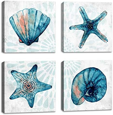 Ocean Decor Canvas Wall Art Starfish and Seashell Conch Wall Decor for Bathroom Decor Blue Waterc... | Amazon (US)