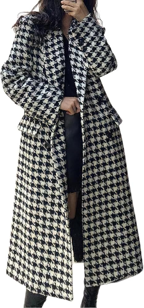 chouyatou Women's Houndstooth Wool Trench Coat Notch Lapel Maxi Long Overcoat Double Breasted Pea... | Amazon (US)
