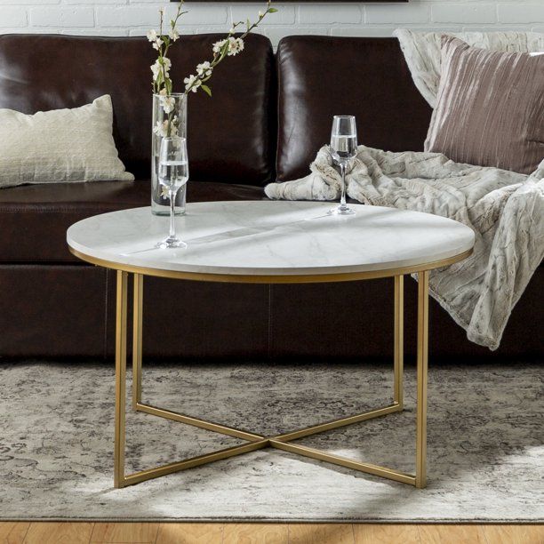 Ember Interiors Modern Round Coffee Table, Faux White Marble/Gold - Walmart.com | Walmart (US)