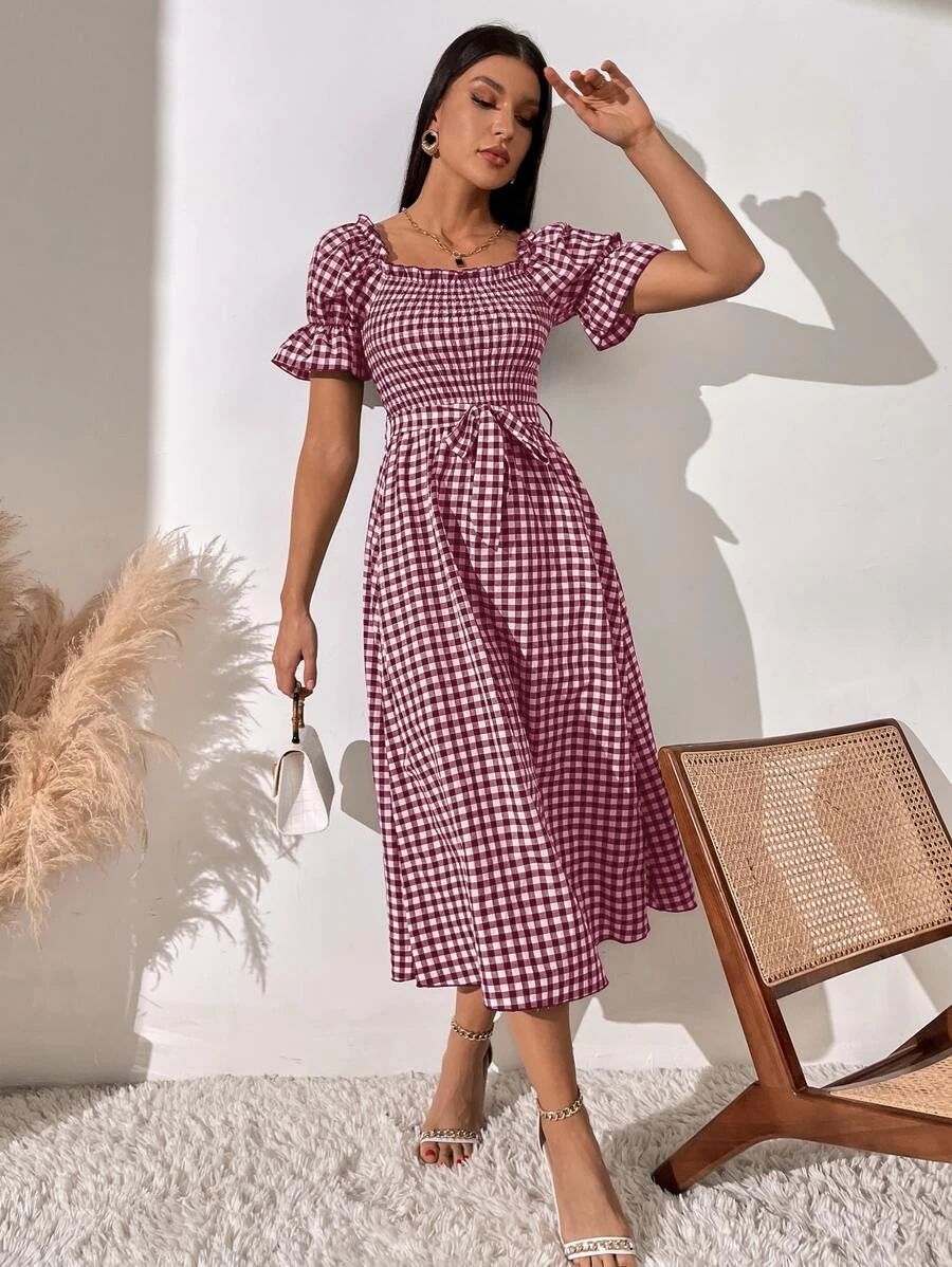 SHEIN LUNE Square Neck Gingham Print Flounce Sleeve Belted Dress | SHEIN