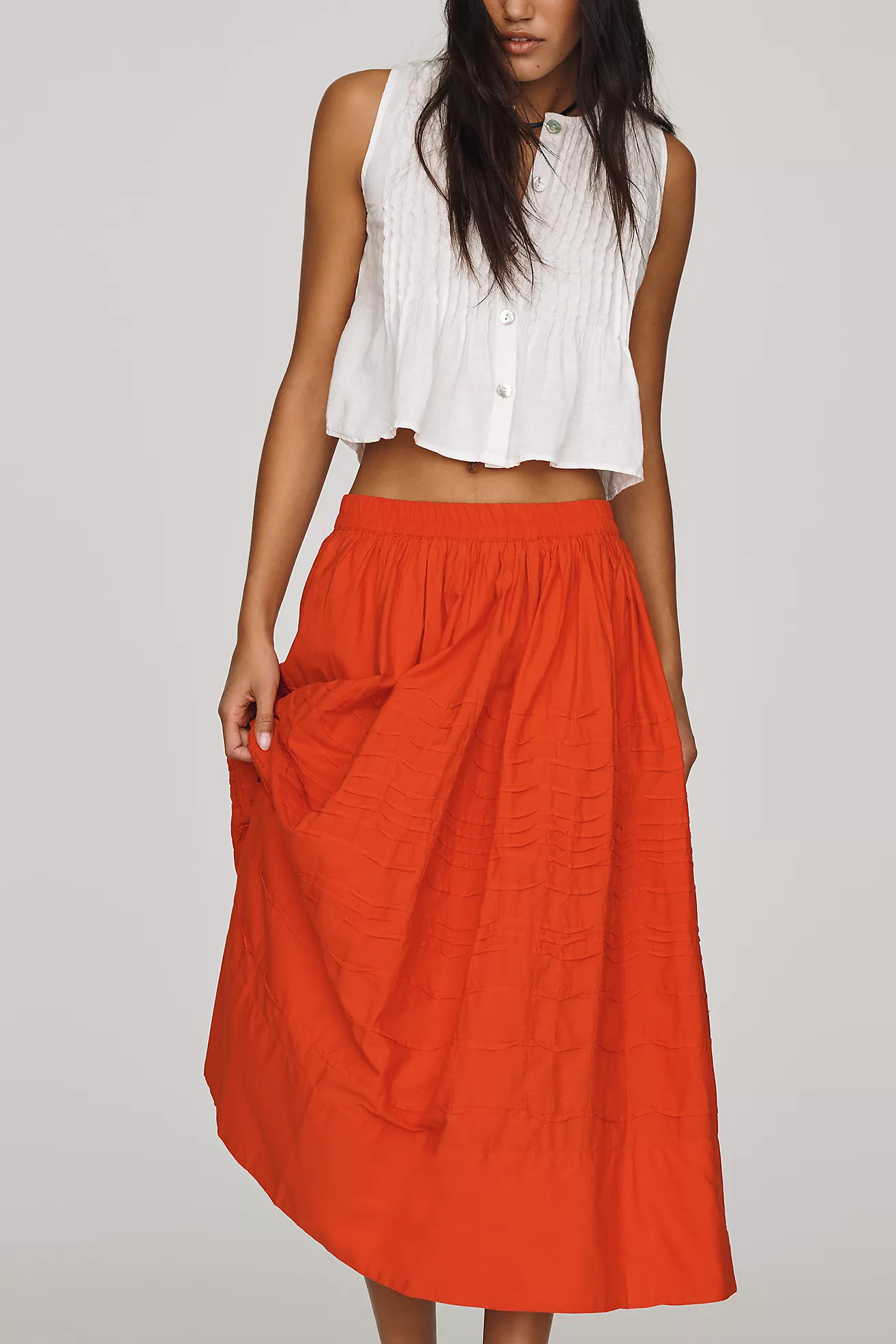 Maeve 100% Cotton Pintuck Midi Skirt | Anthropologie (US)