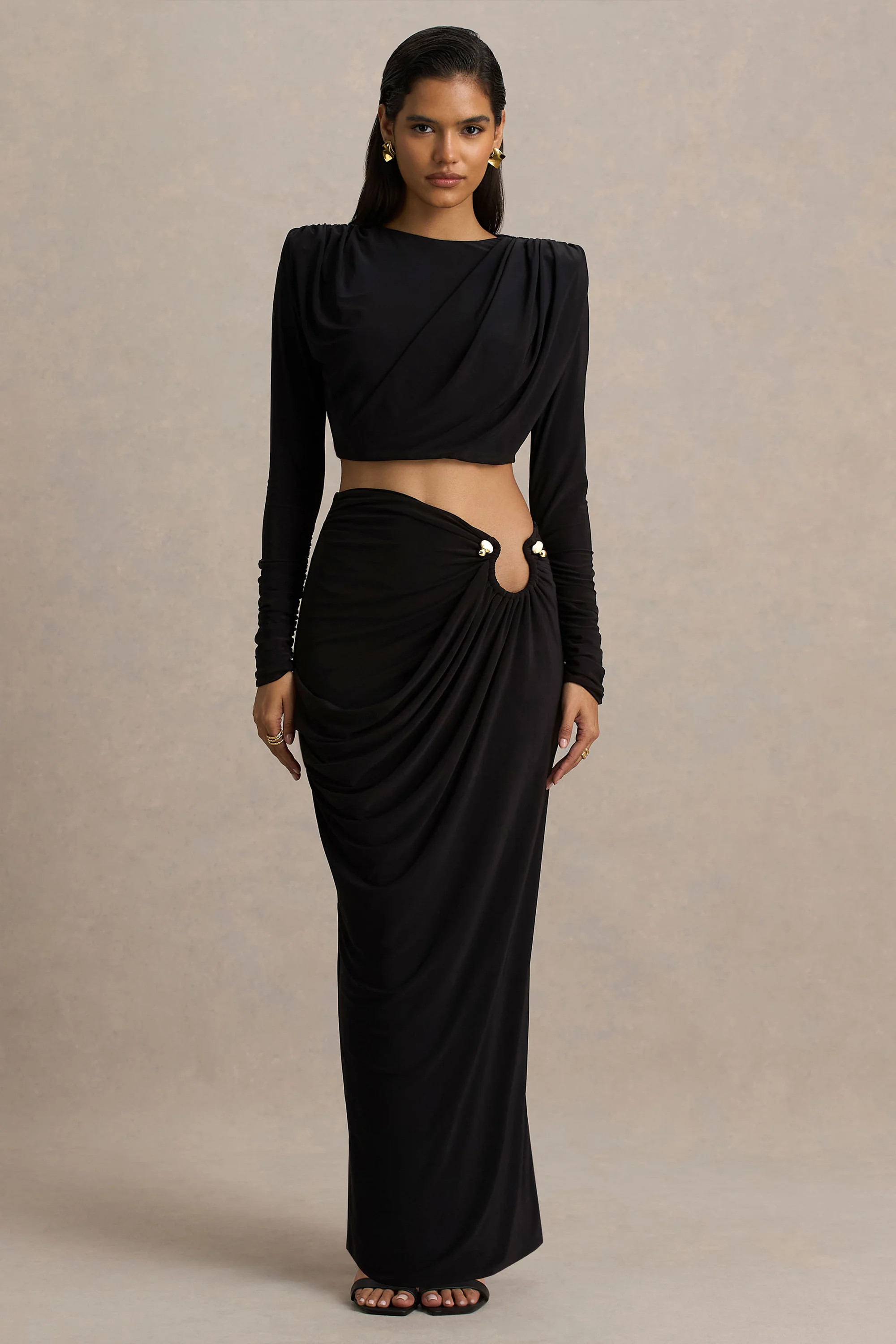 Avaline | Black Wrap Maxi Skirt With Ruched Detailing | Club L London