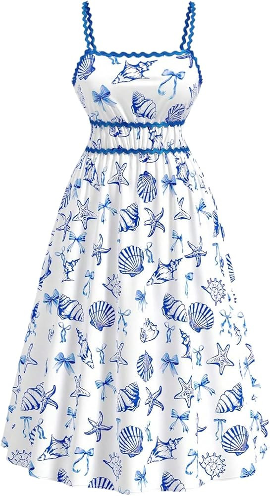 Floerns Women's Plus Size Starfish Print Midi Dress Ruffle Smocked Beach A Line Dresses | Amazon (US)