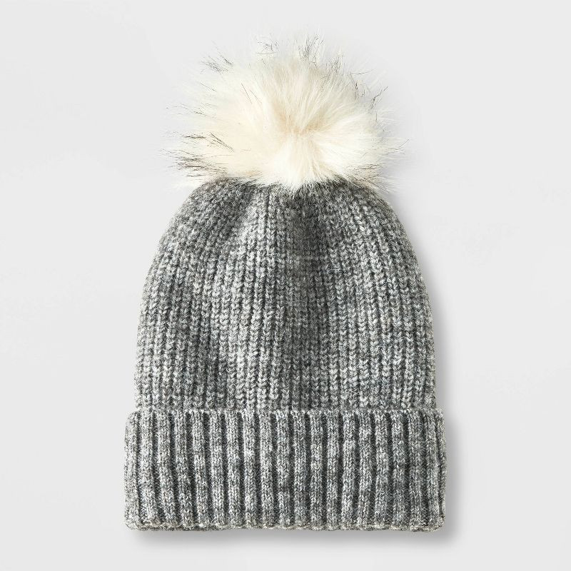 Girls' Knitted Pom Beanie - Cat & Jack™ Gray | Target