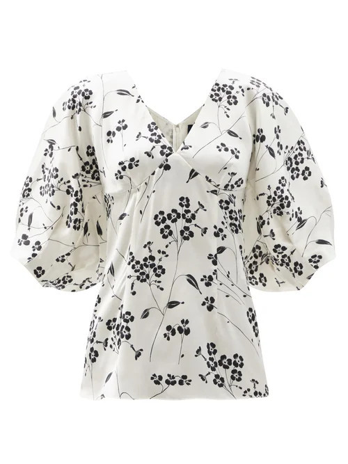 Julie De Libran - Gilda Puffed-sleeve Floral-print Silk Blouse - Womens - White Black | Matches (UK)