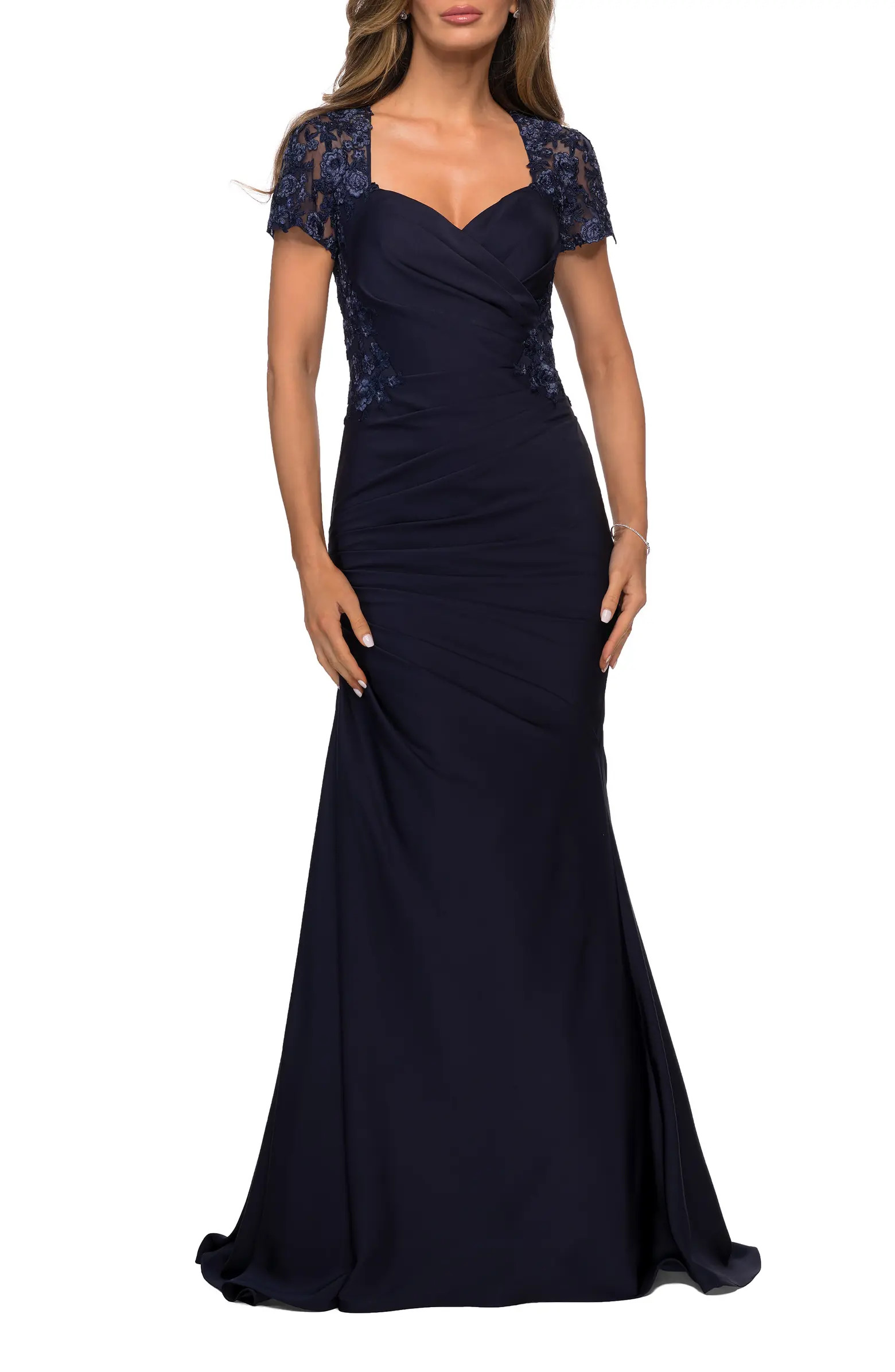 La Femme Satin Evening Dress with Lace and Scoop Neckline | Nordstrom | Nordstrom