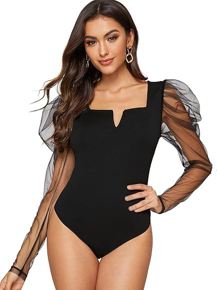 WDIRARA Women's Polka Dots Sheer Dobby Mesh Square Neck Long Sleeve Skinny Bodysuit | Amazon (US)