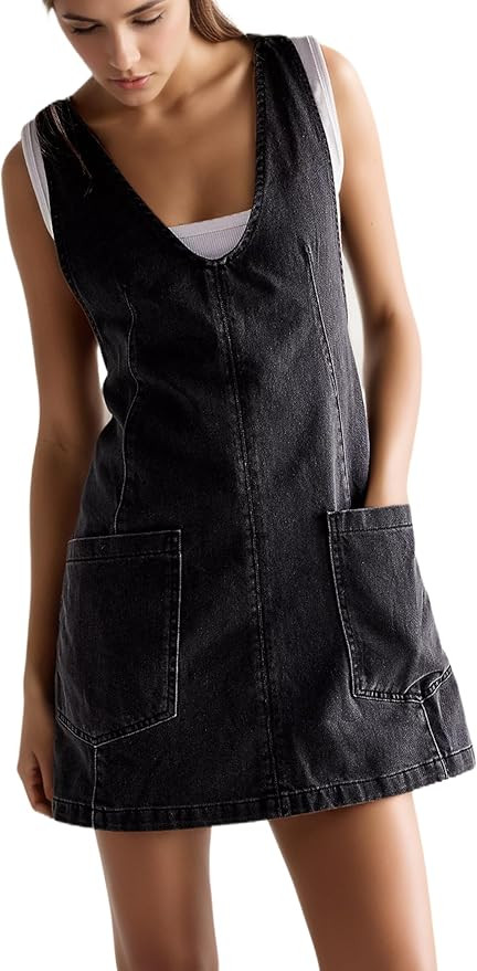 Women Stretch Denim Overalls Mini Dress Adjustable Shoulder Straps High Roller Skirtall Casual Je... | Amazon (US)