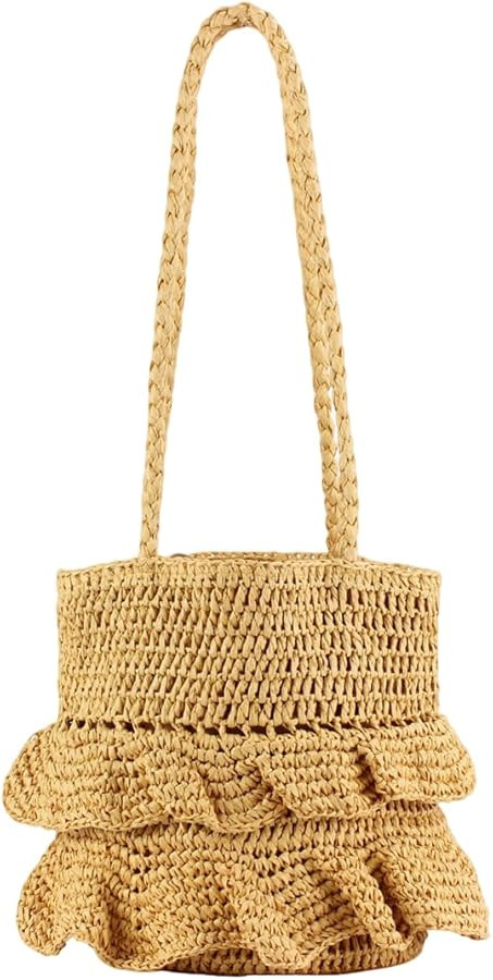 Handwoven Ruffles Straw Bucket Bag Summer Beach Raffia Tote Bag Straw Woven Women's Shoulder Bag ... | Amazon (US)
