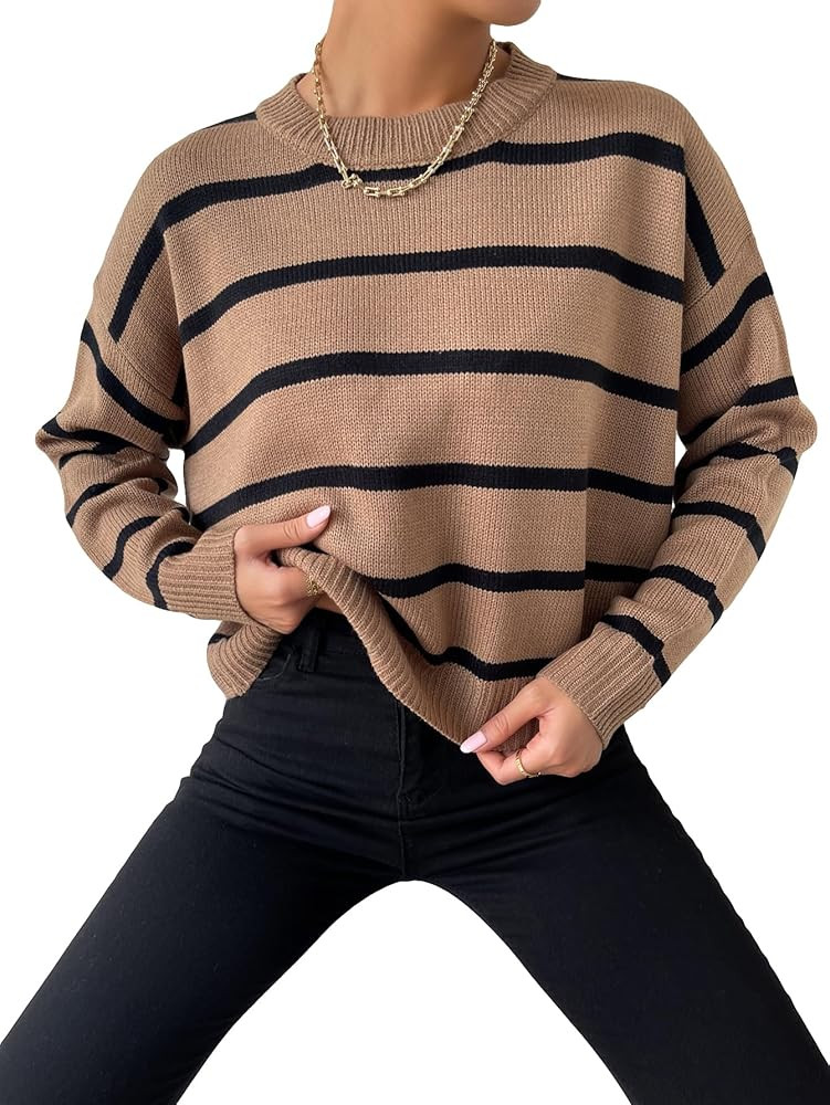 GORGLITTER Women's Striped Drop Shoulder Sweater Long Sleeve Round Neck Pullover Top | Amazon (US)
